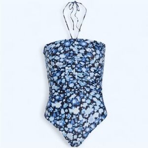 Ganni Ruched Floral-Print Halterneck Swimsuit In Blue
